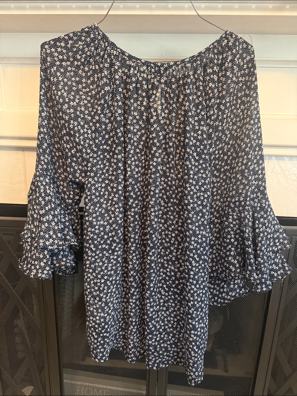 Chaps Navy Blue Floral Ruffle Sleeve Blouse